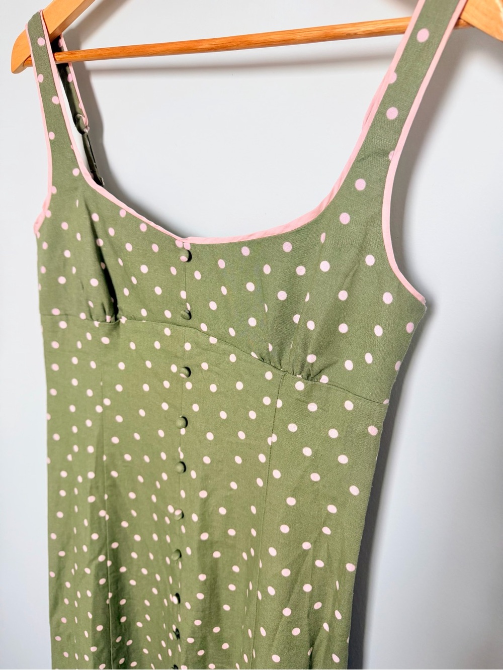Linen Olive Green Polka Dot Midi Dress - Picture 7 of 10